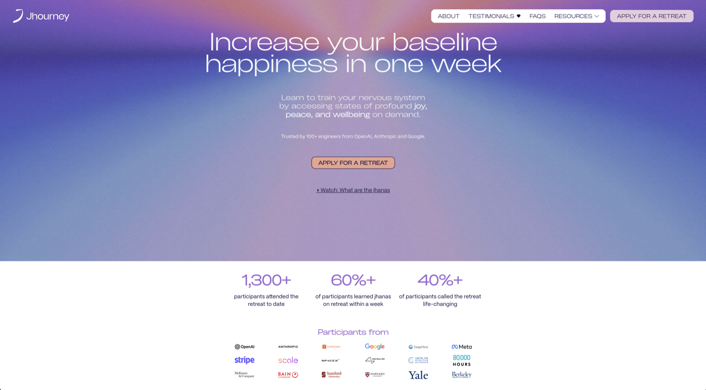 Jhourney landing page: “Increase your baseline happiness in one week,” with stat tiles and a wall of logos from OpenAI, Anthropic, Google, Stripe, and more